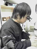 顕微鏡でヒクラゲの卵を探している北里大の学生さん